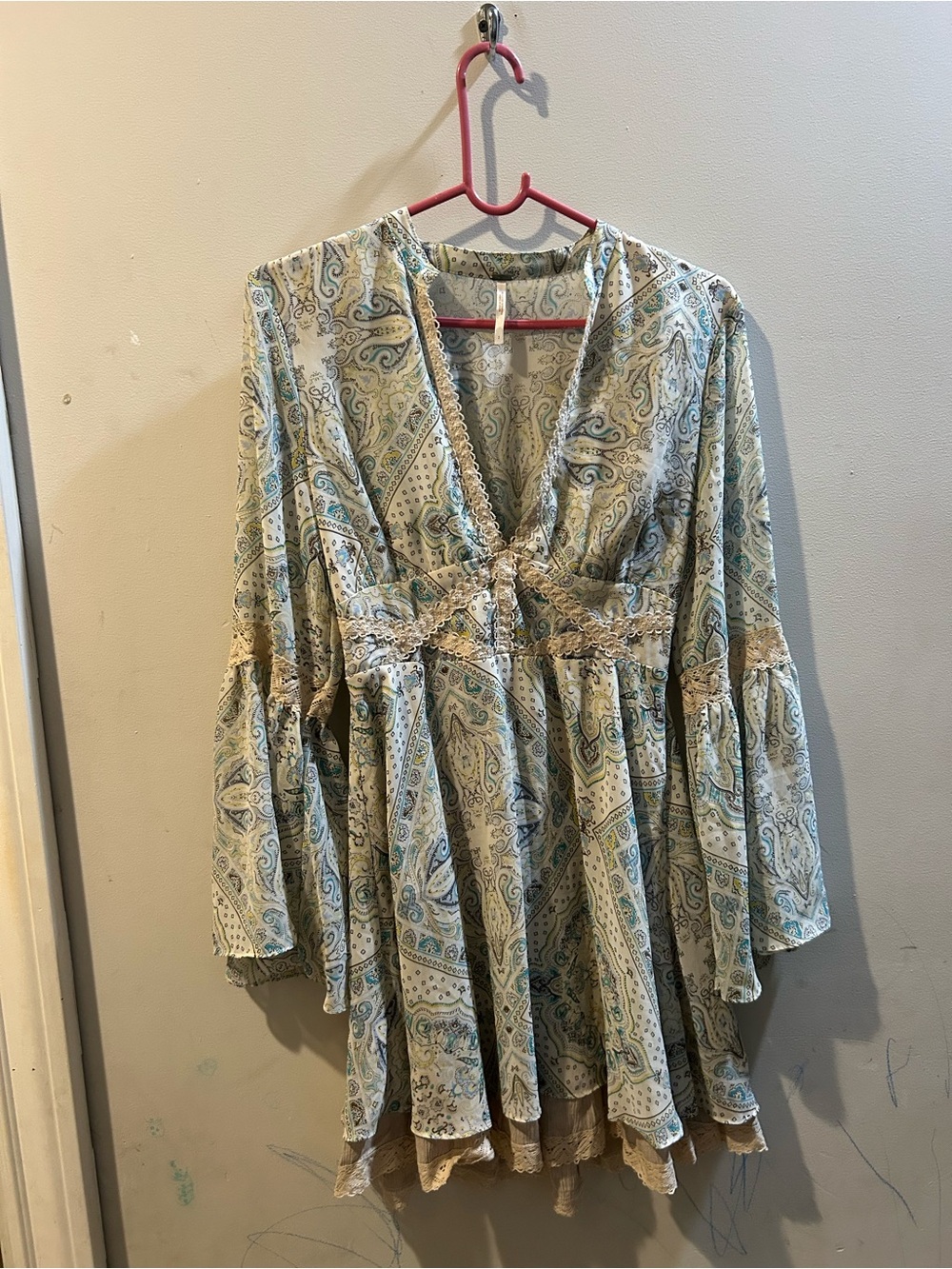 Free People Cream Paisley Lace-Trim Long Sleeve Mini Dress